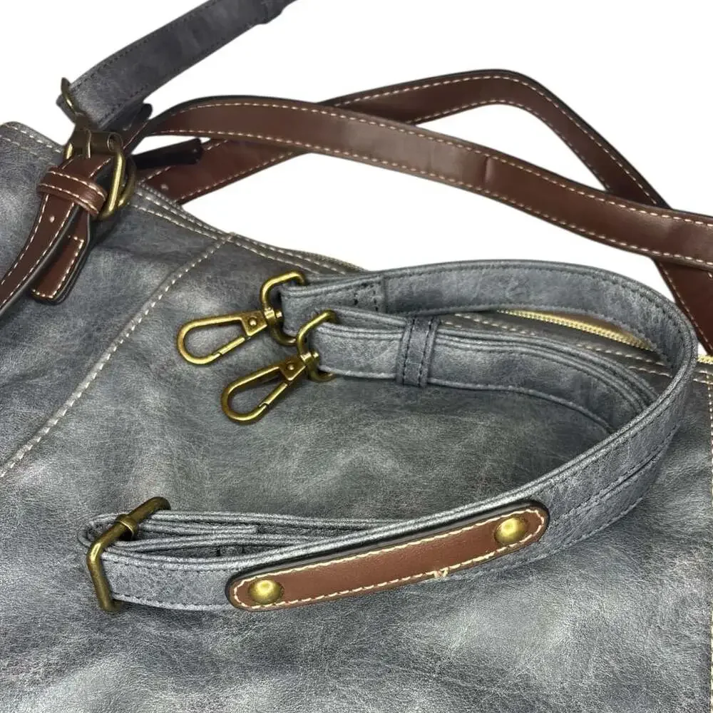Brenice Large Faux Leather Grey Crossbody Hobo Bag with Contrast Straps